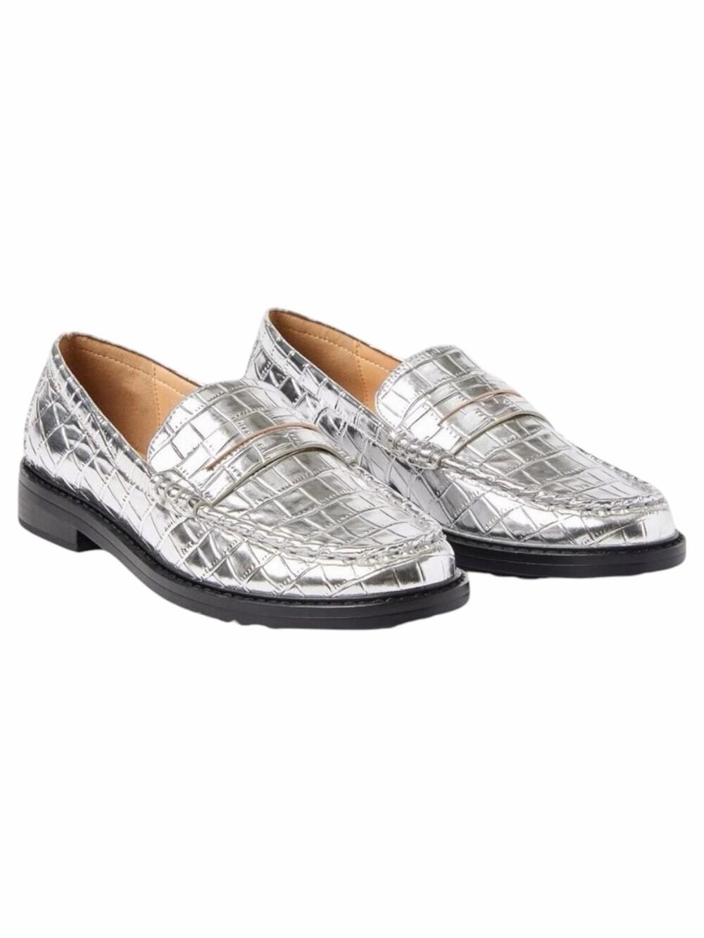 Ann Taylor LOFT Metallic Embossed Slip On Penny Loafers Silver Size 7.5M